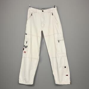 Vintage Y2K Bugle Boy Cargo Pants 30x30 Khaki Camo Wide Leg Patches Zip Pocket